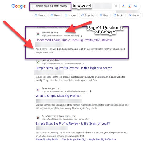 Page 1 of Google Position 1 For Simple Sites Big Profits Review
