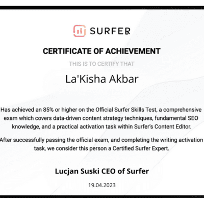 Surfer Certified Lakisha Akbar Certification