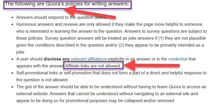 Quora Does Not Allow Affiliate Links